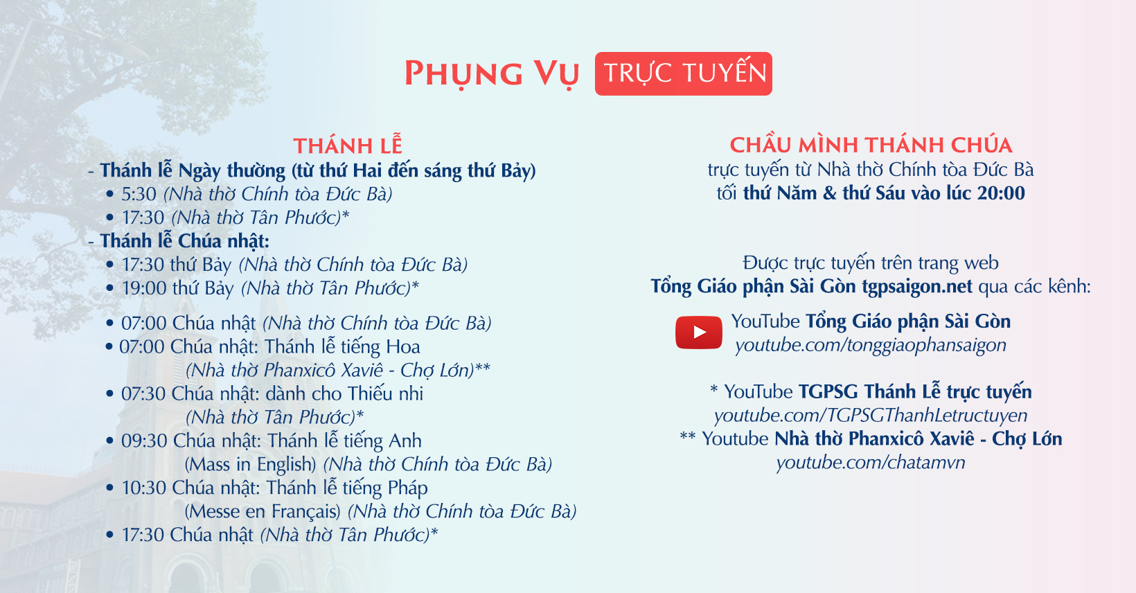 Tổng Giáo phận Sài Gòn: Phụng vụ trực tuyến từ 01-8-2020 đến 08-8-2020