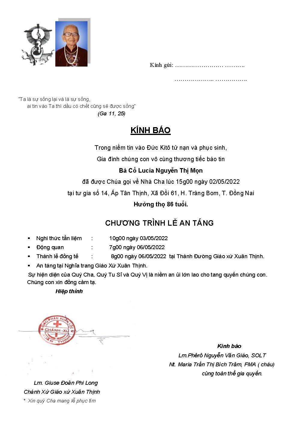 Cáo phó: bà cố Lucia - thân mẫu của Lm. Phêrô Nguyễn Văn Giáo - qua đời ngày 2-5-2022; An táng 6-5-2022