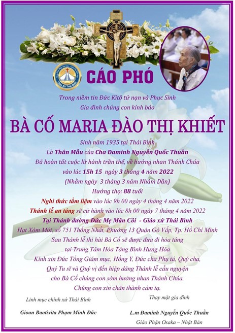 Cáo phó: bà cố Maria - thân mẫu Lm. Đaminh Nguyễn Quốc Thuần - qua đời ngày 3-4-2022