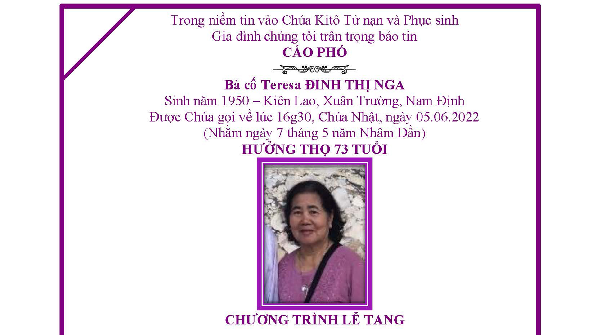 Cáo phó: Bà cố Têrêsa - thân mẫu của Lm. Giuse Trần Hoàng Quân - qua đời ngày 5-6-2022; An táng 9-6-2022