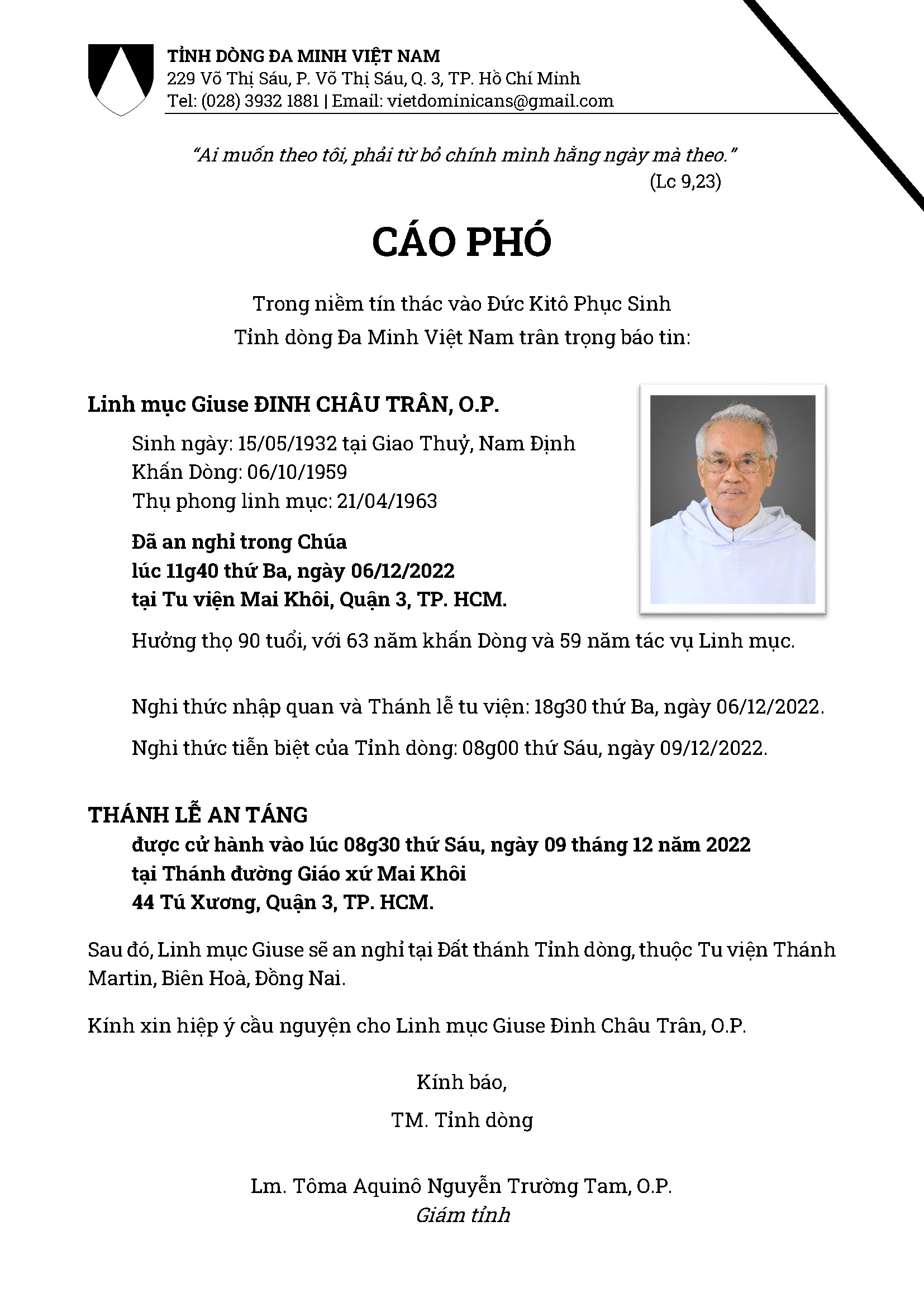 Cáo phó: Lm. Giuse Đinh Châu Trân, O.P. về với Chúa ngày 6-12-2022; Lễ An táng 9-12-2022