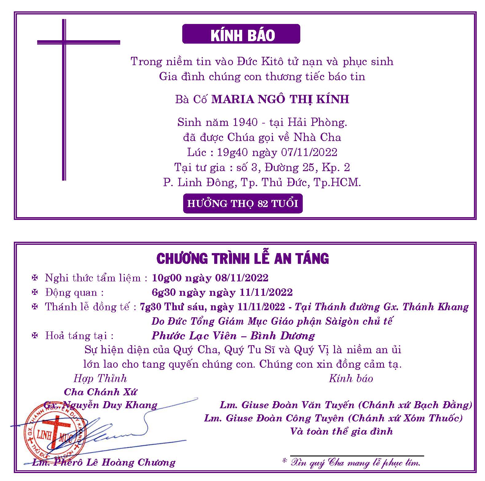 Cáo phó: bà cố Maria - thân mẫu của Lm. Giuse Đoàn Văn Tuyến - qua đời ngày 7-11-2022; An táng 11-11-2022
