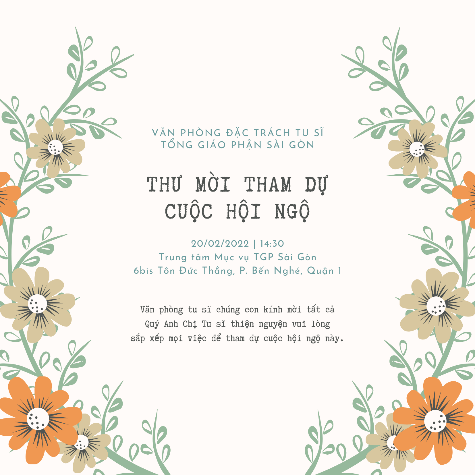 Văn phòng Đặc trách Tu sĩ: Thư mời tham dự cuộc hội ngộ ngày 20-2-2022 tại TTMV TGP Sài Gòn