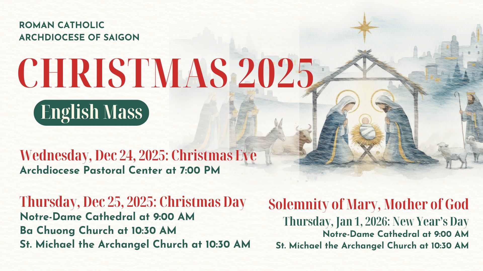 Giờ lễ Giáng sinh 2025 cho các cộng đoàn nước ngoài (Christmas Schedule 2025)