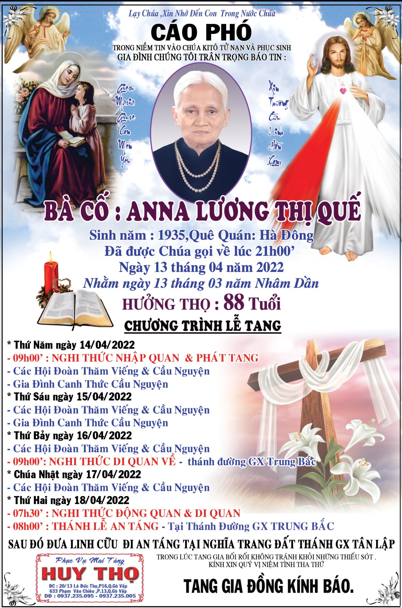 Cáo phó: bà cố Anna - thân mẫu của Lm. Phêrô Nguyễn Văn Trọng - qua đời ngày 13-4-2022; An táng 18-4-2022