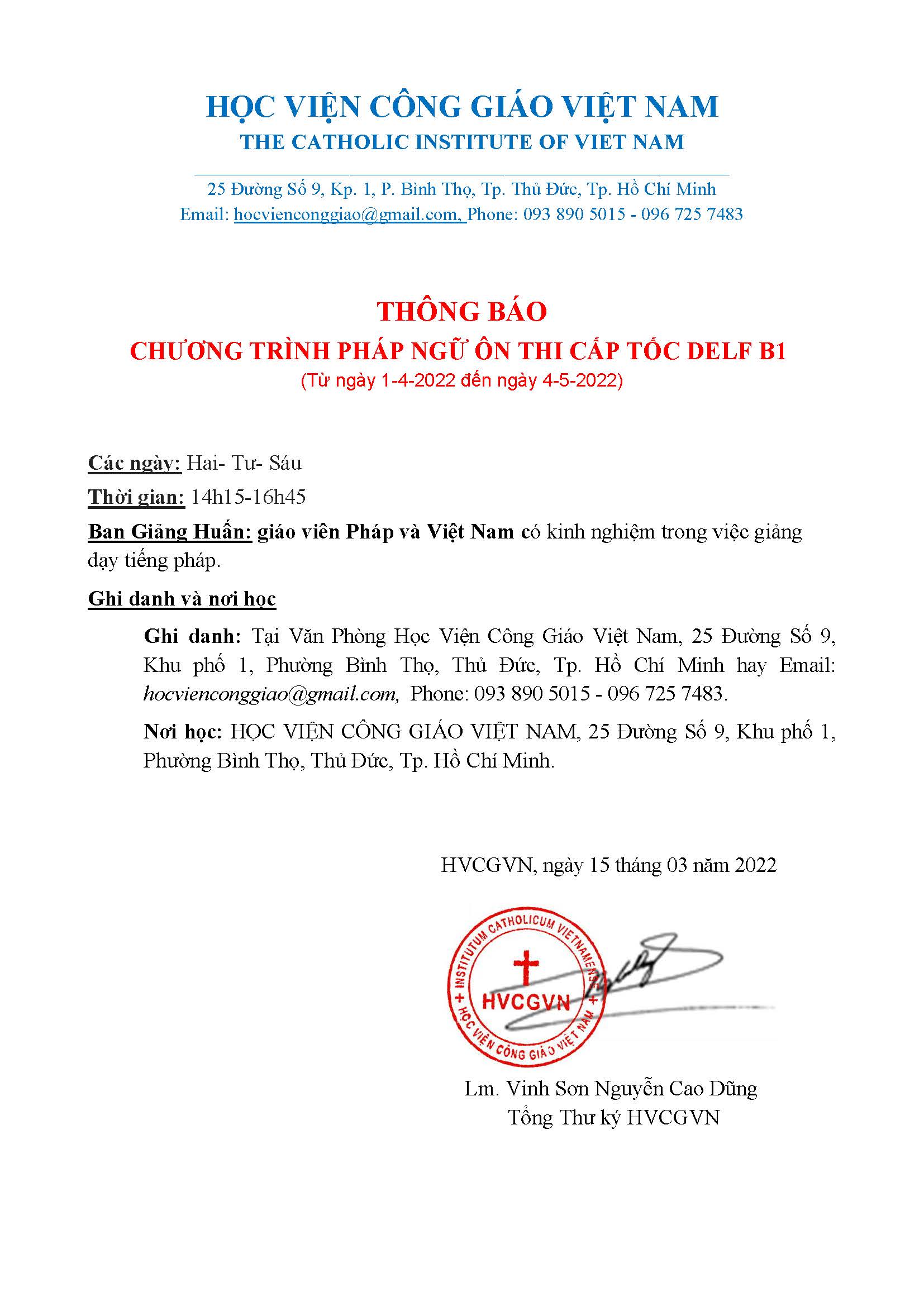 Học viện Công giáo: Thông báo chương trình Pháp ngữ ôn thi cấp tốc DELF B1
