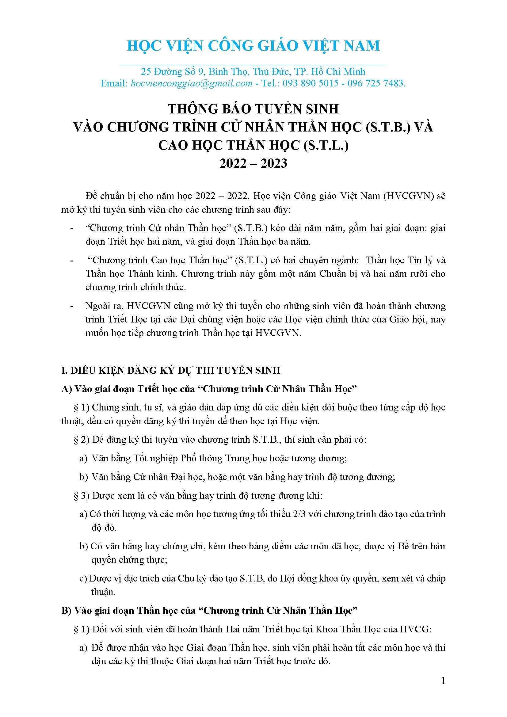 Học viện Công giáo: Thông báo tuyển sinh vào chương trình Cử nhân Thần học (S.T.B.) và Cao học Thần học (S.T.L.) 2022-2023