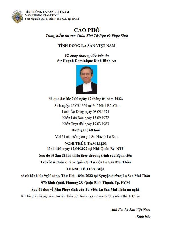 Cáo phó: Sư Huynh Dominique Đinh Bình An về với Chúa ngày 12-4-2022; Lễ An táng 18-4-2022