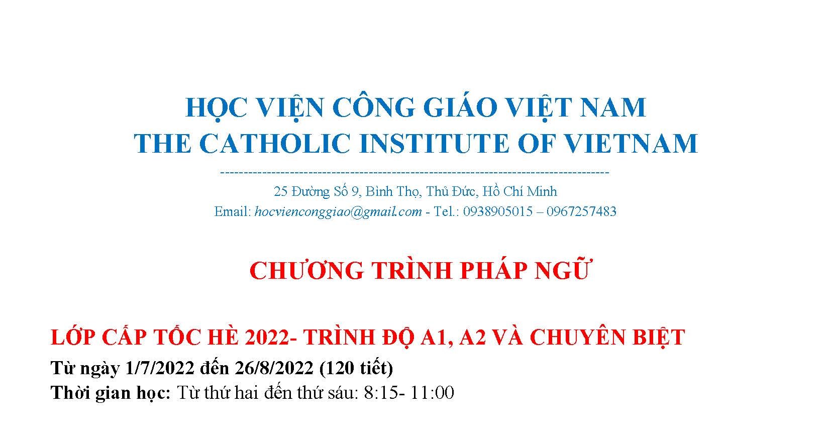 Học viện Công giáo Việt Nam: Thông báo chương trình Pháp ngữ hè 2022