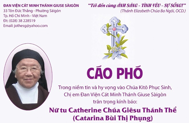 Cáo phó: Nữ tu Catherine Chúa Giêsu Thánh Thể - Bùi Thị Phụng qua đời