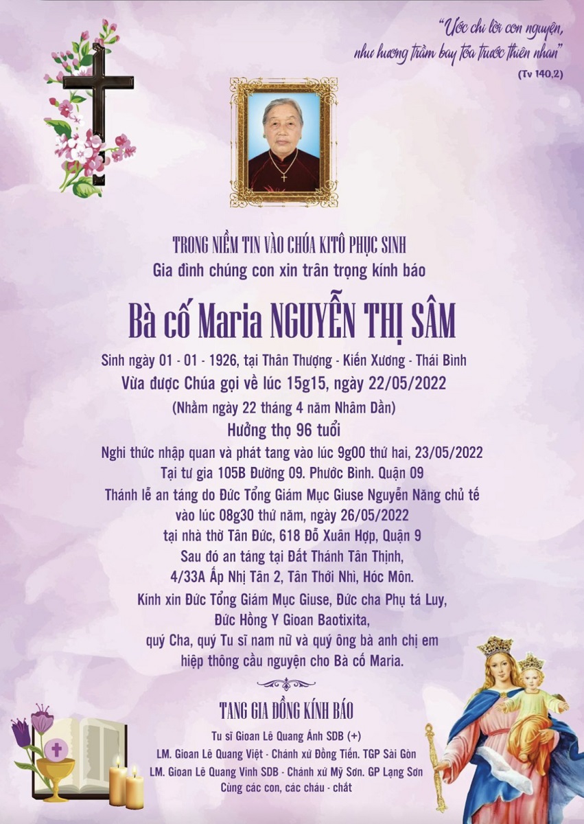 Cáo phó: bà cố Maria - thân mẫu của Lm. Gioan Lê Quang Việt - qua đời ngày 22-5-2022; An táng 26-5-2022