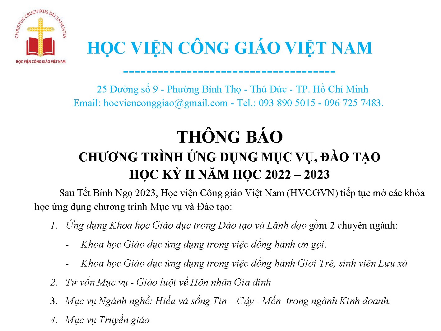 Học viện Công giáo: Chương trình ứng dụng Mục vụ, đào tạo HKII năm học 2022-2023