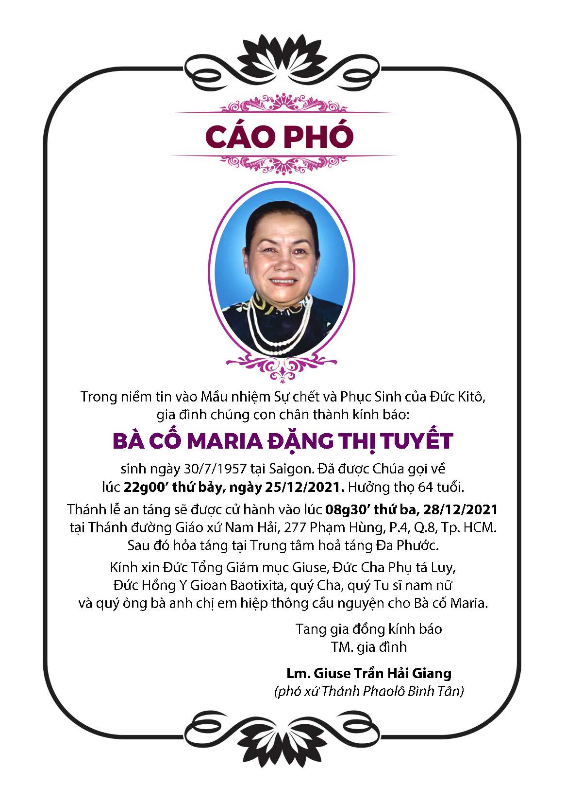 Cáo phó: bà cố Maria - Thân mẫu cha Giuse Trần Hải Giang - phó xứ Thánh Phaolô đã được Chúa gọi về lúc 22g ngày 25-12-2021