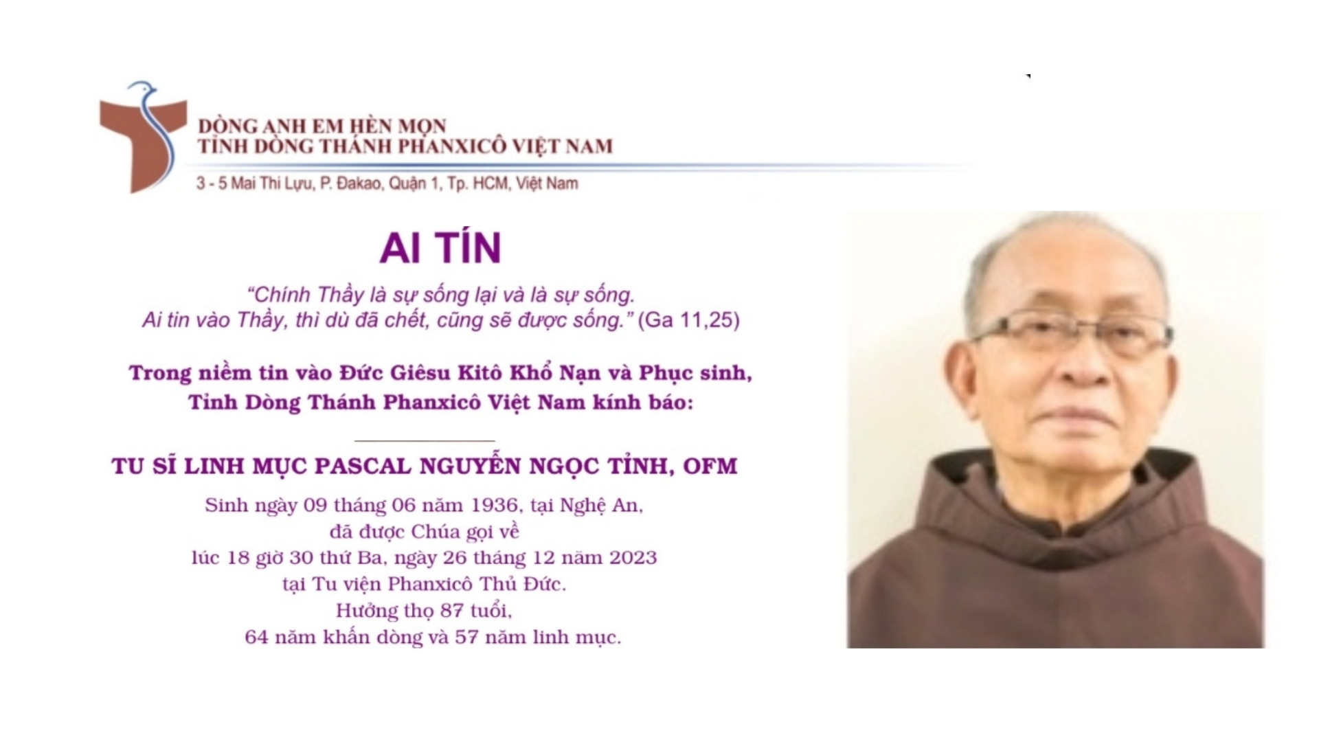 Tu sĩ Linh mục Pascal Nguyễn Ngọc Tĩnh, OFM về cùng Chúa