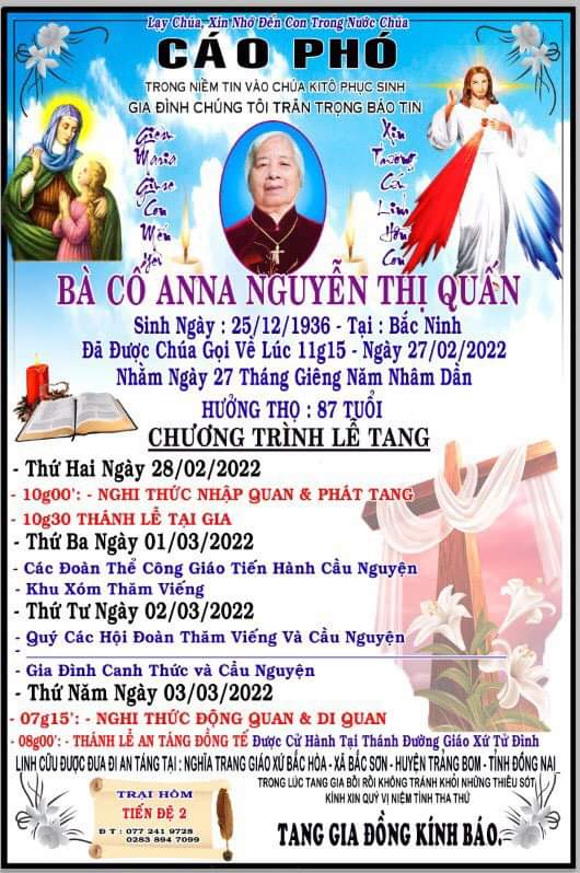 Cáo phó: bà cố Anna - thân mẫu Lm. Đaminh Hoàng Trọng Hợp - qua đời ngày 27-2-2022