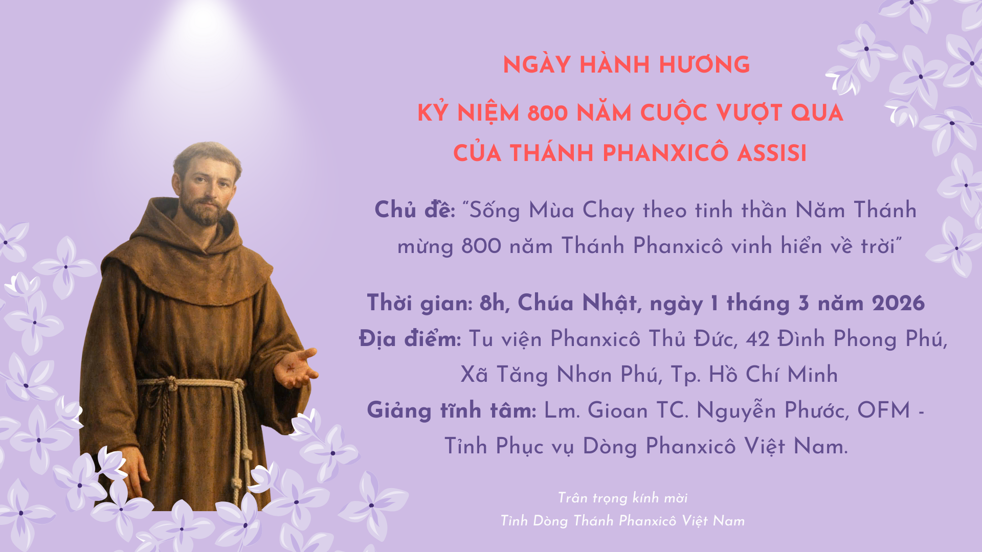 Thư mời tham dự ngày hành hương Năm Thánh Phanxicô Tháng 3/2026