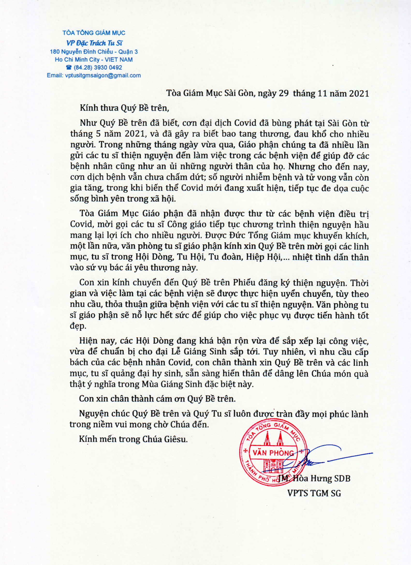 Thư mời gọi tham gia thiện nguyện ngày 29-11-2021