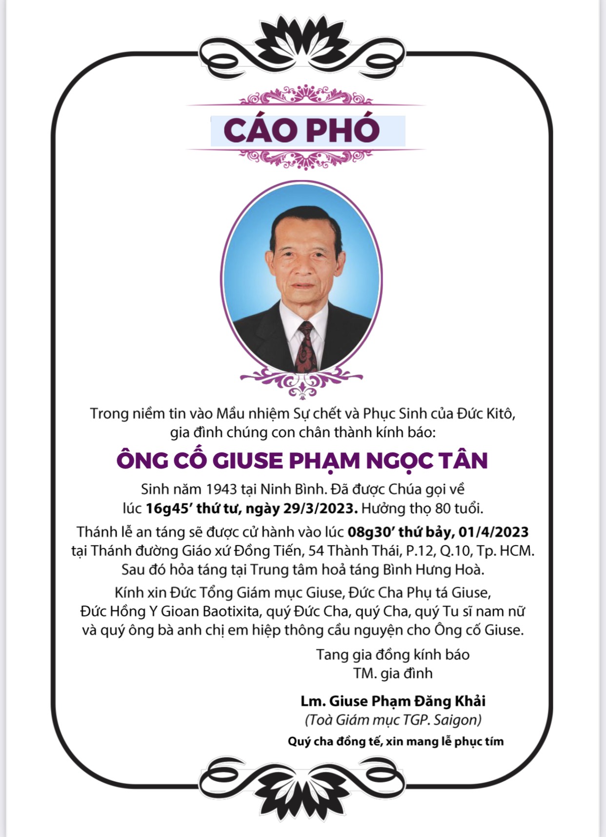 Cáo phó: thân phụ của Lm Giuse Phạm Đăng Khải - qua đời 29-3-2023; lễ An táng 1-4-2023