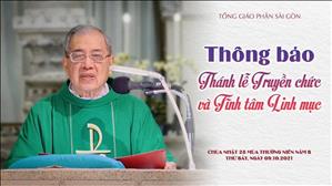 Thông báo về Thánh lễ Truyền chức và Tĩnh tâm Linh mục 09.10.2021